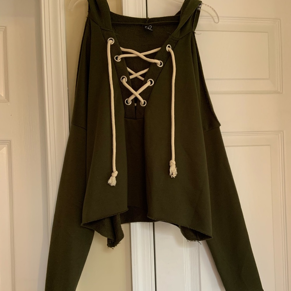 Green Lace Up Crop Hoodie